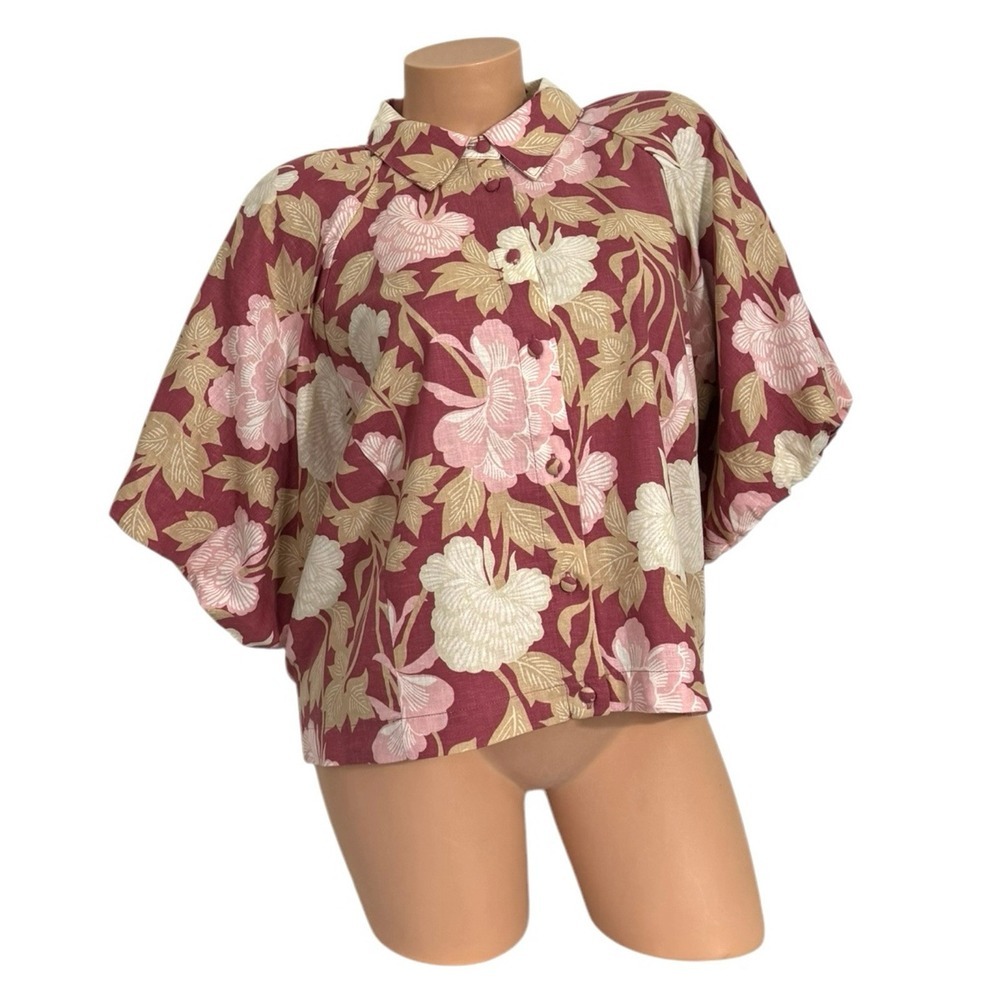 Ryegrass Women's Size 2XL‎ Linen Blouse Pink Floral Short Sleeve Button Up Top